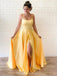 Simple Yellow Side Slit A-line Spaghetti Straps Long Evening Prom Dresses, Evening Party Prom Dresses, 12195