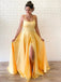 Simple Spaghetti Straps Yellow Side Slit Cheap Long Evening Prom Dresses, Evening Party Prom Dresses, 12145