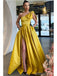 Yellow A-line One Shoulder High Slit Cheap Long Prom Dresses Online,12811