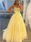 Yellow A-line Spaghetti Straps Backless Long Prom Dresses Online,12711