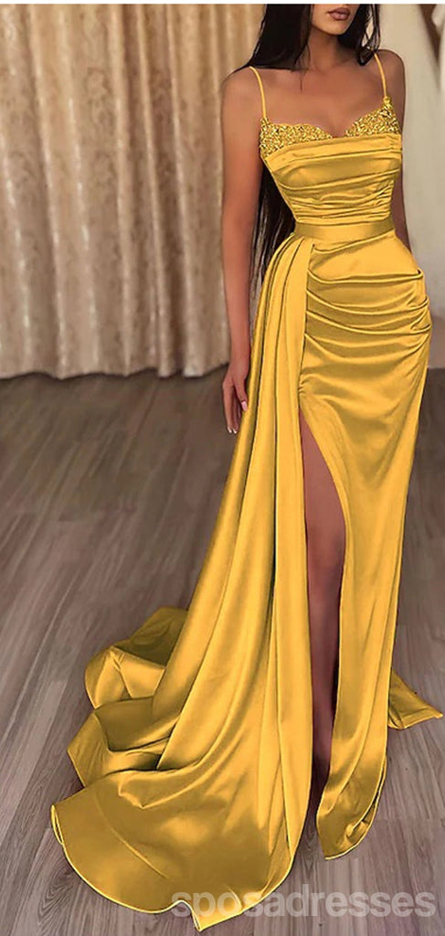 Yellow Sheath Spaghetti Straps High Slit Cheap Long Prom Dresses,13010 ...
