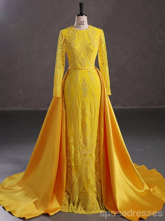 Modest Yellow Mermaid Long Sleeves Jewel Prom Dresses Online,13060