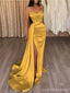 Yellow Sheath Spaghetti Straps High Slit Cheap Long Prom Dresses,13010