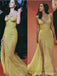 Sexy Yellow Mermaid Spaghetti Straps High Slit Maxi Long Prom Dresses,13263