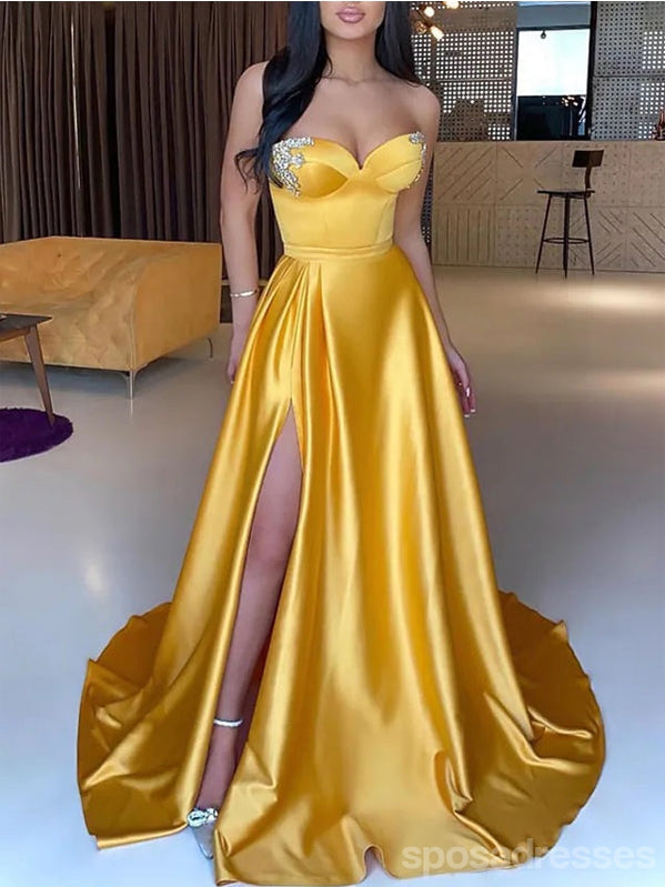 Yellow A-line High Slit Sweetheart Cheap Long Prom Dresses,13009