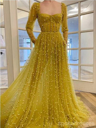 Yellow A-line Long Sleeves Prom Dresses Online, Evening Party Dresses,12731