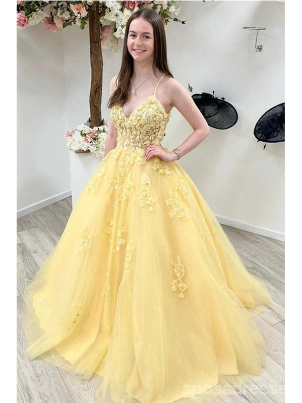 Yellow A-line Spaghetti Straps V-neck Cheap Long Prom Dresses Online,12809